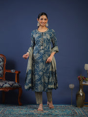 Printed Cotton Kurta With Pant & Dupatta