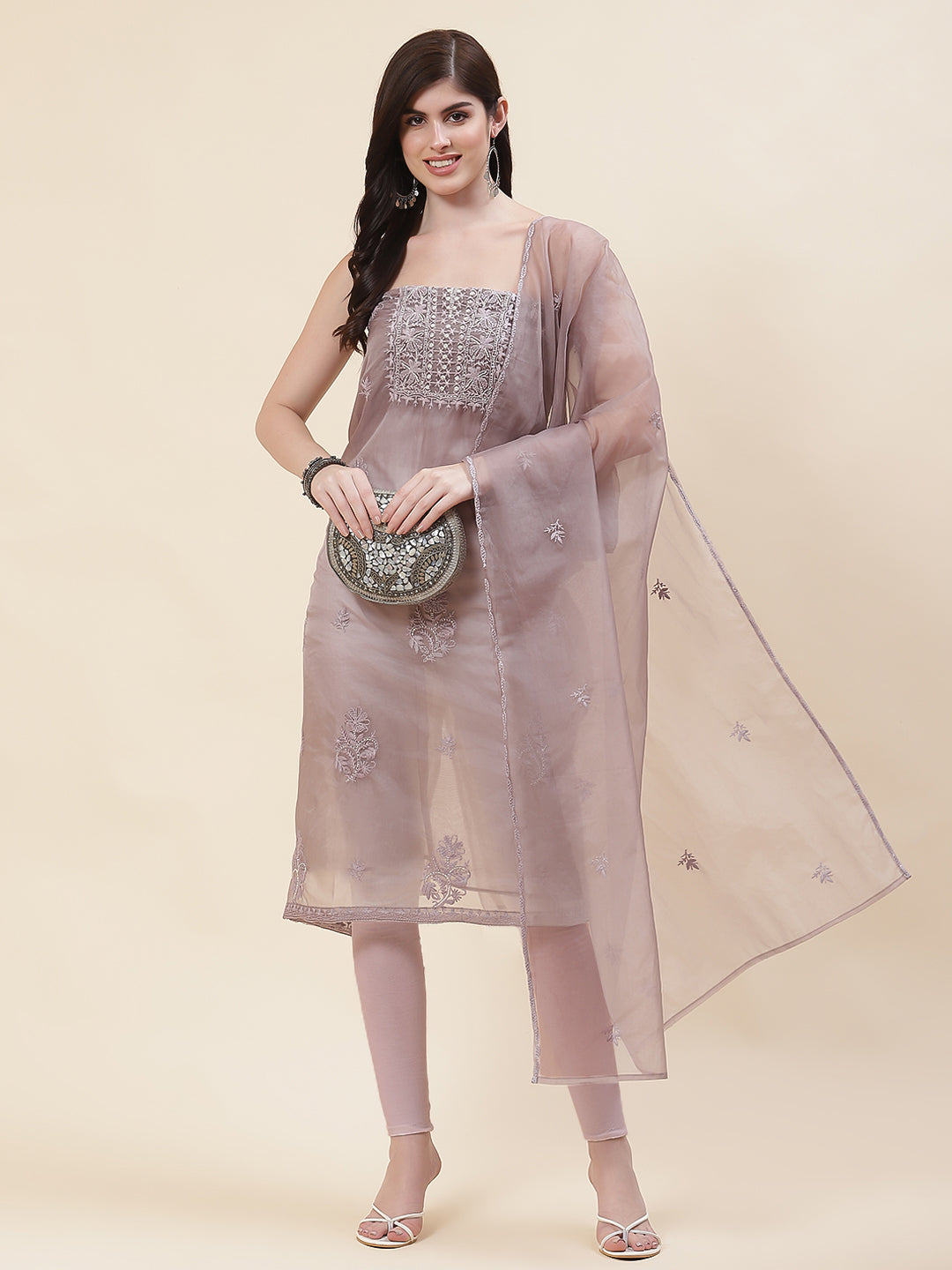Embroidered Organza Unstitched Suit Piece With Dupatta - MAUVE / 3PC-7MTR