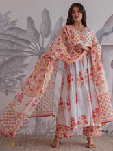 Floral Printed Cotton Blend Anarkali Kurta With Pants & Dupatta