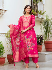 Embroidered Chanderi Kurta With Pant & Dupatta