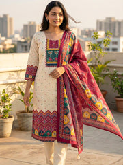 Printed Cotton Blend Kurta With Pant & Dupatta