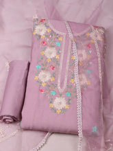 Embroidered Chanderi Pink Lavender Unstitched Suit With Pant & Dupatta