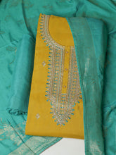 Embroidered Chanderi Mehndi Unstitched Suit With Pant & Dupatta