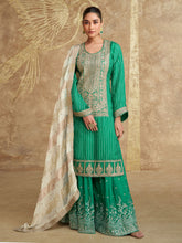 Embroidered Chinon Suit With Plazzo & Dupatta