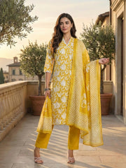 Printed Cotton Kurta With Pant & Dupatta