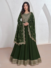 Embroidered Silk A Line Gown With Dupatta