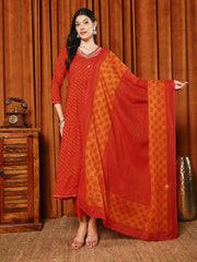 Printed Cotton Blend Kurta With Pants & Dupatta
