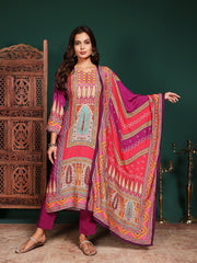 Floral Printed Art Silk Kurta With Pant & Dupatta