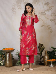 Printed Neck Embroidered Cotton Blend Kurta