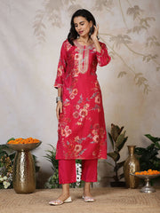Printed Neck Embroidered Cotton Blend Kurta