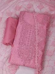 Embroidered Chanderi Unstitched Suit With Pant & Dupatta