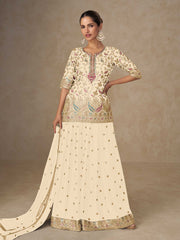 Embroidered Chinon Kurti With Skirt & Dupatta