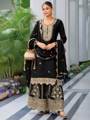 Embroidered Chinon Kurta With Plazzo & Dupatta