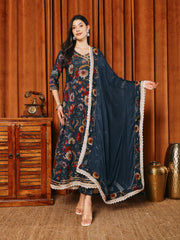 Printed Cotton Blend Kurta With Pants & Dupatta