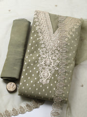 Embroidered Chanderi Unstitched Suit With Pant & Dupatta