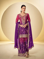 Embroidered Chinon Silk Kurti With Sharara & Dupatta