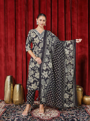 Printed Cotton Blend Kurta With Pants & Dupatta