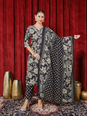 Printed Cotton Blend Kurta With Pants & Dupatta