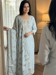 Embroidered Cotton Blend Kurta With Pant & Dupatta