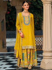 Embroidered Chinon Kurti With Plazzo & Dupatta