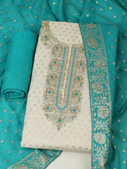 Embroidered Chanderi Cream-Lake Blue Unstitched Suit With Pant & Dupatta