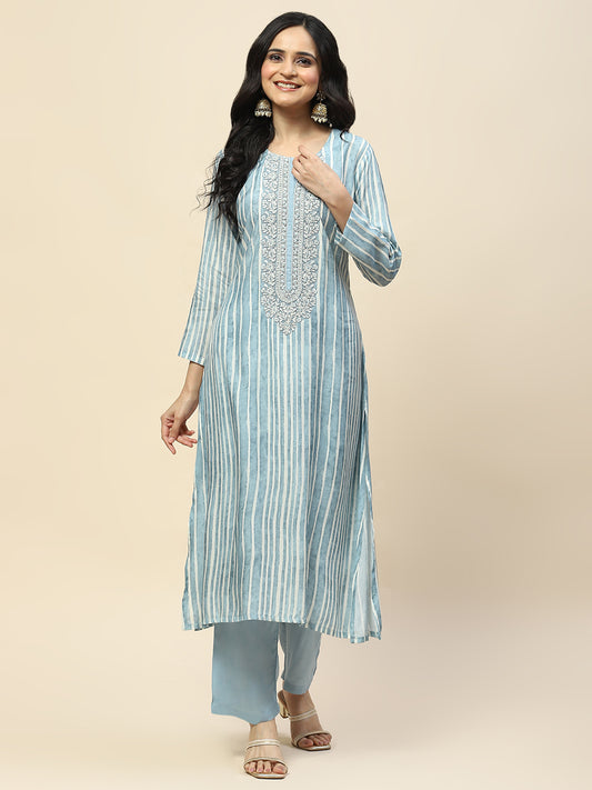 Neck Embroidered Printed Cotton Straight Kurta With Palazzo