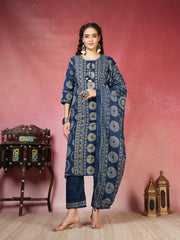 Printed Cotton Blend Kurta With Pants & Dupatta