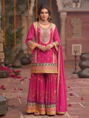Embroidered Chinnon Silk Kurti With Gharara & Dupatta