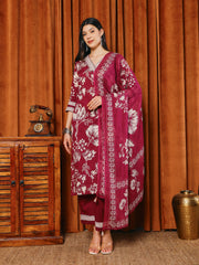 Printed Cotton Blend Kurta With Pants & Dupatta
