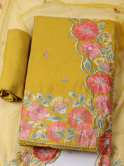 Embroidered Chanderi Mustard Unstitched Suit With Pant & Dupatta