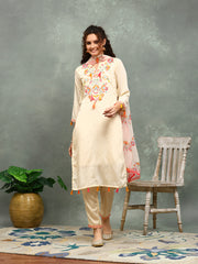 Resham Work Crepe Kurta With Pants & Dupatta