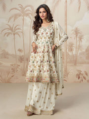 Embroidered Georgette Kurti With Sharara & Dupatta
