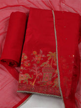 Woven Design Chanderi Red Unstitched Suit With Pant & Dupatta