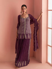 Embroidered Chinon Kurti With Gharara & Dupatta