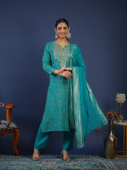 Printed Chanderi Kurta With Pant & Dupatta