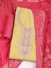 Embroidered Chanderi Mehndi Unstitched Suit With Pant & Dupatta