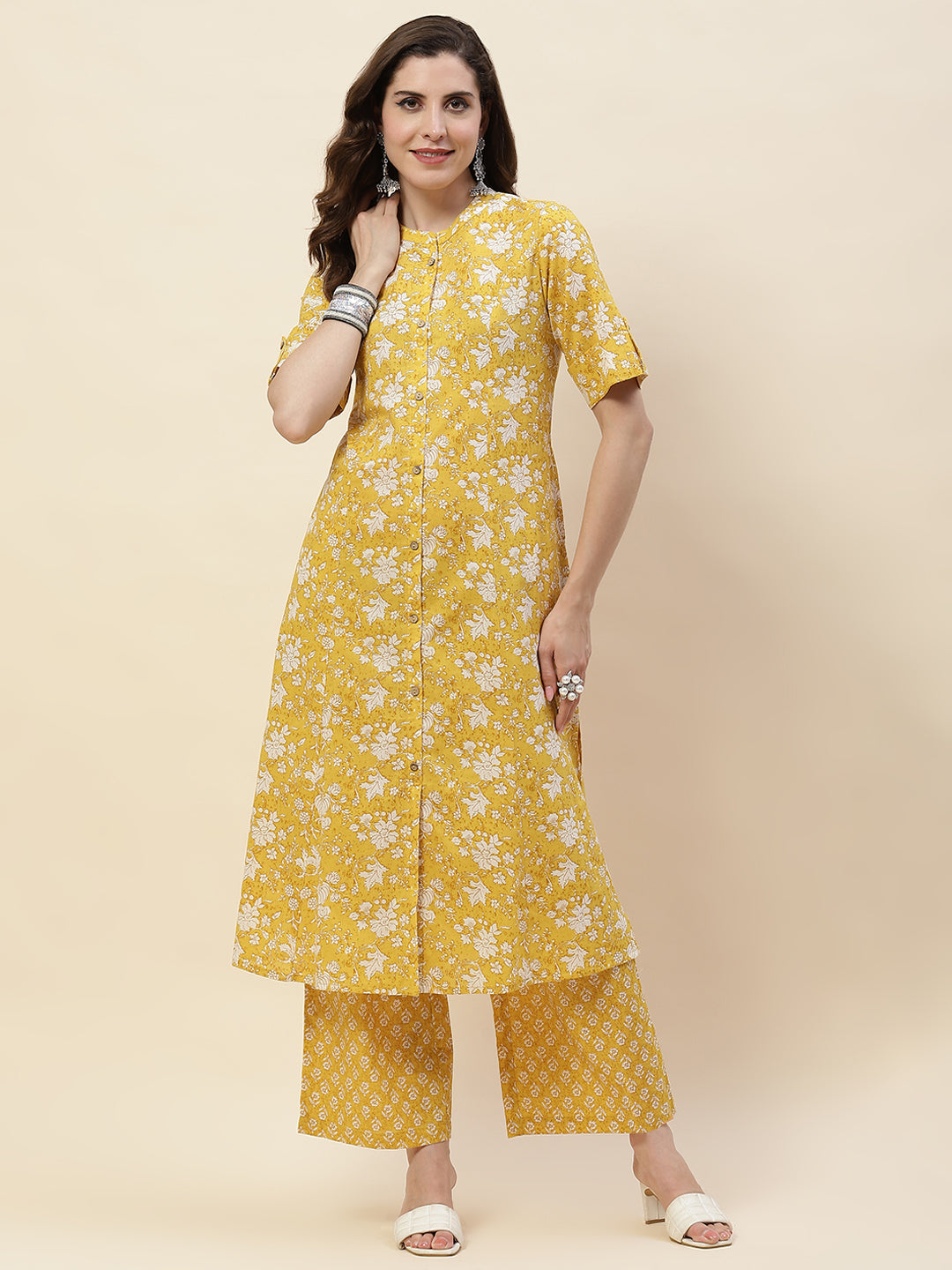 Floral Printed Cotton Kurta With Palazzo - MUSTARD / 3XL-1.17 MTR