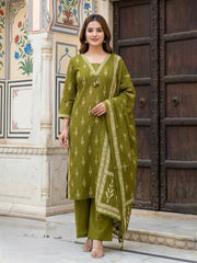 Printed Cotton Blend Kurta With Pant & Dupatta
