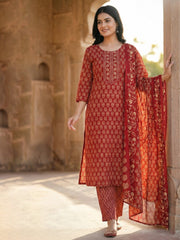Printed Cotton Blend Kurta With Pant & Dupatta