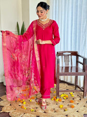 Neck Embroidery Cotton Blend Kurta With Pants & Dupatta