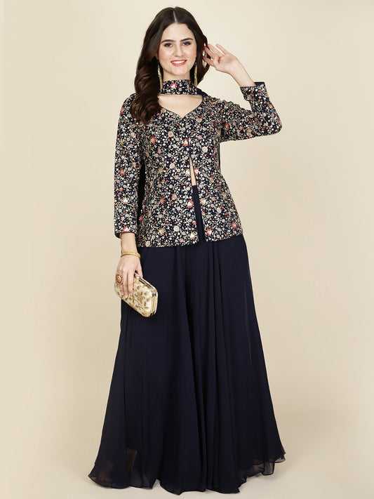 Resham Embroidered Georgette Jacket Style Top With Sharara & Dupatta