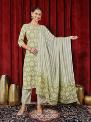 Printed Cotton Blend Kurta With Pants & Dupatta
