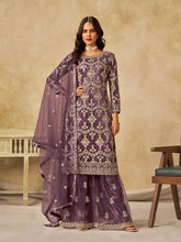 Embroidered Net Semi Stitched Kurta With Sharara & Dupatta