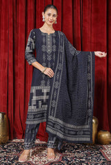 Printed Chanderi Kurta With Pants & Dupatta