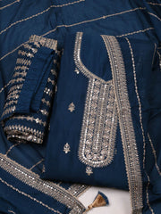 Embroidered Chinon Teal Blue Unstitched Suit With Pant & Dupatta