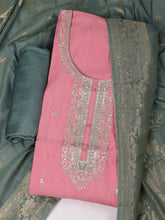 Embroidered Chanderi Pink Unstitched Suit With Pant & Dupatta