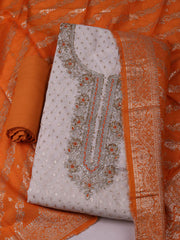 Embroidered Chanderi Cream-Orange Unstitched Suit With Pant & Dupatta