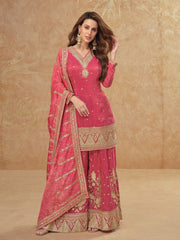 Embroidered Zari Work Kurta Sharara Set with Bandhani Dupatta