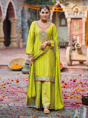 Embroidered Chinon Kurta With Plazzo & Dupatta