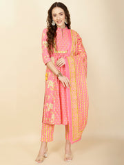 Floral Print Cotton Suit Set With Dupatta